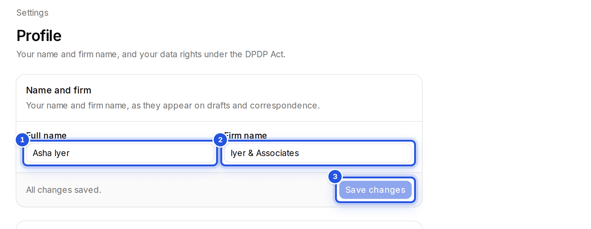 The Profile settings with three numbered marks: 1 Full name, 2 Firm name and 3 Save changes.