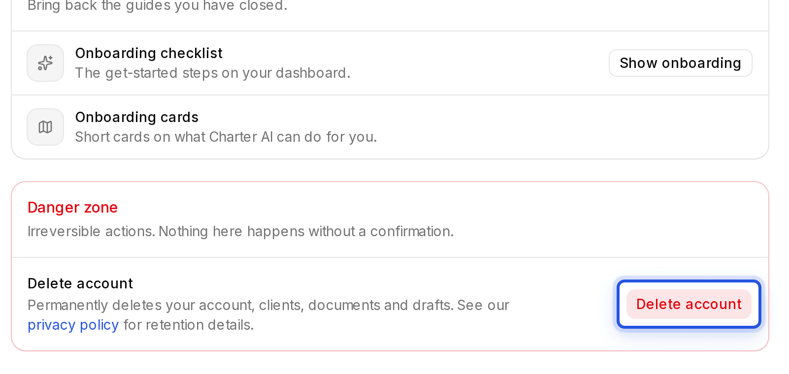 The Delete account button in the Danger zone of Settings, highlighted.