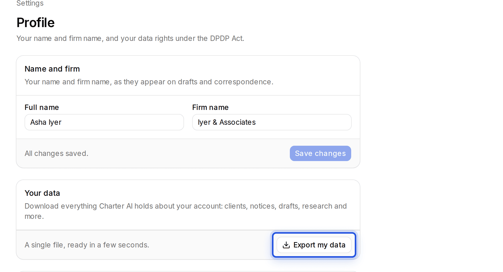 The Export my data button on the Profile settings page, highlighted.