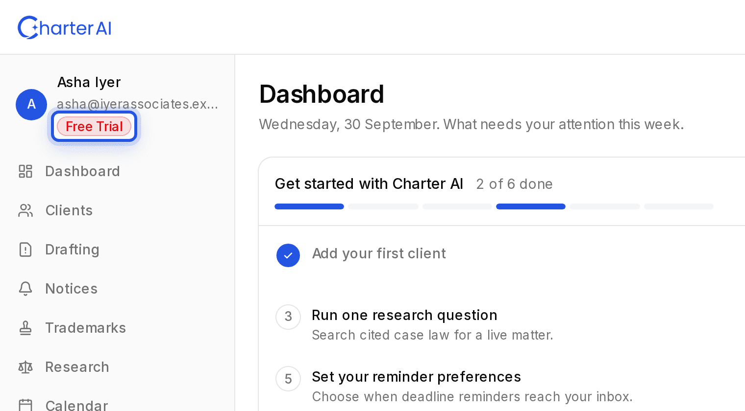 The Free Trial badge under your name in the sidebar, highlighted.