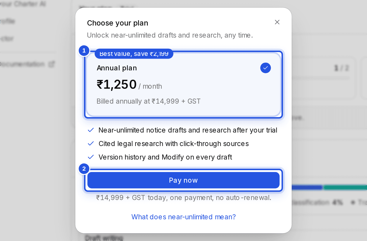 The Choose your plan window with two numbered marks: 1 the plan card and 2 the Pay now button.