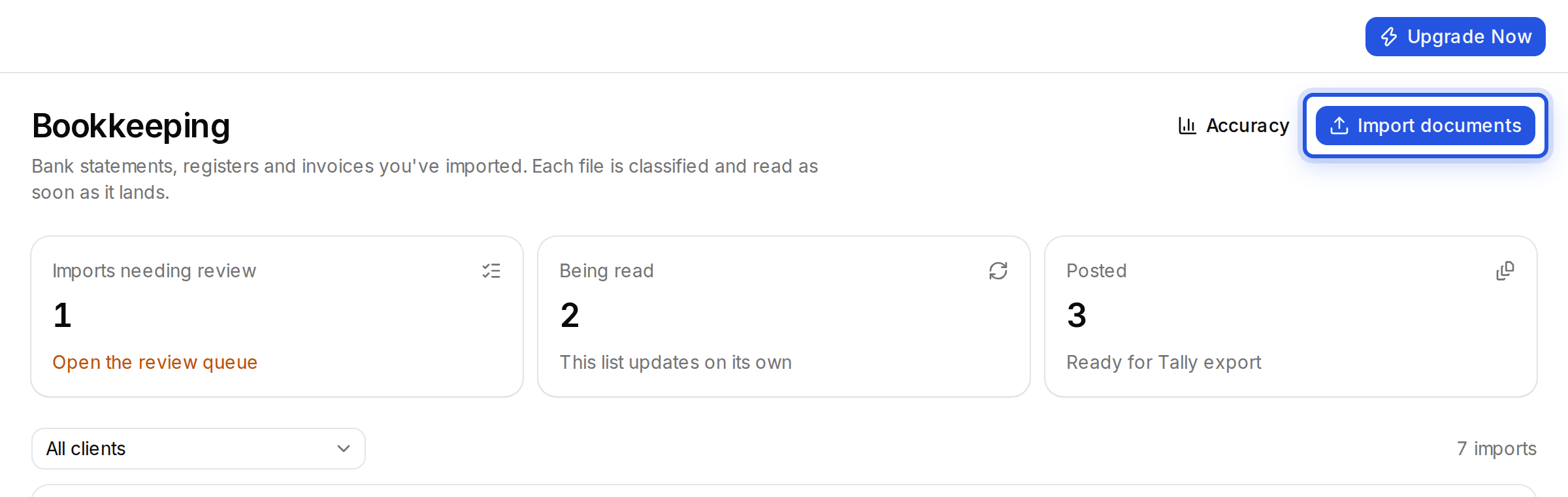 The Import documents button at the top right of the Bookkeeping page, highlighted.