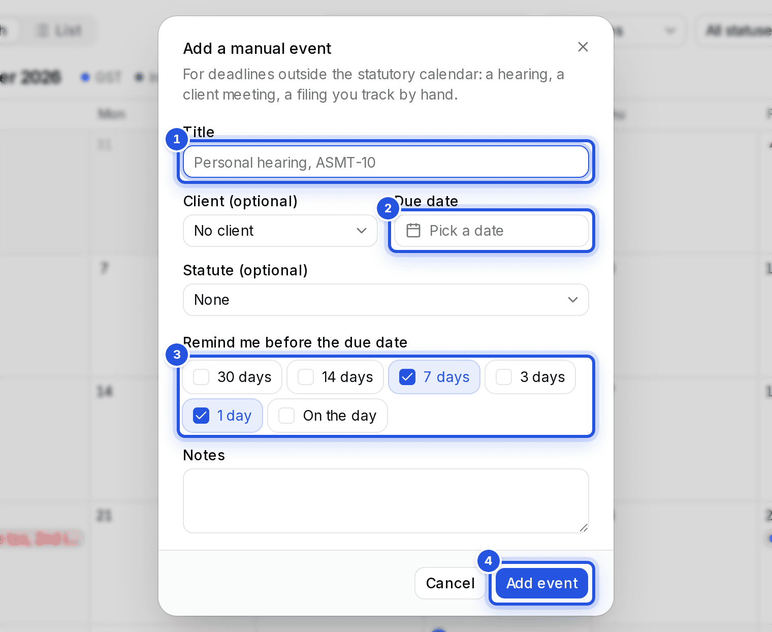 The Add a manual event window with four numbered marks: 1 Title, 2 Due date, 3 the reminder days and 4 Add event.