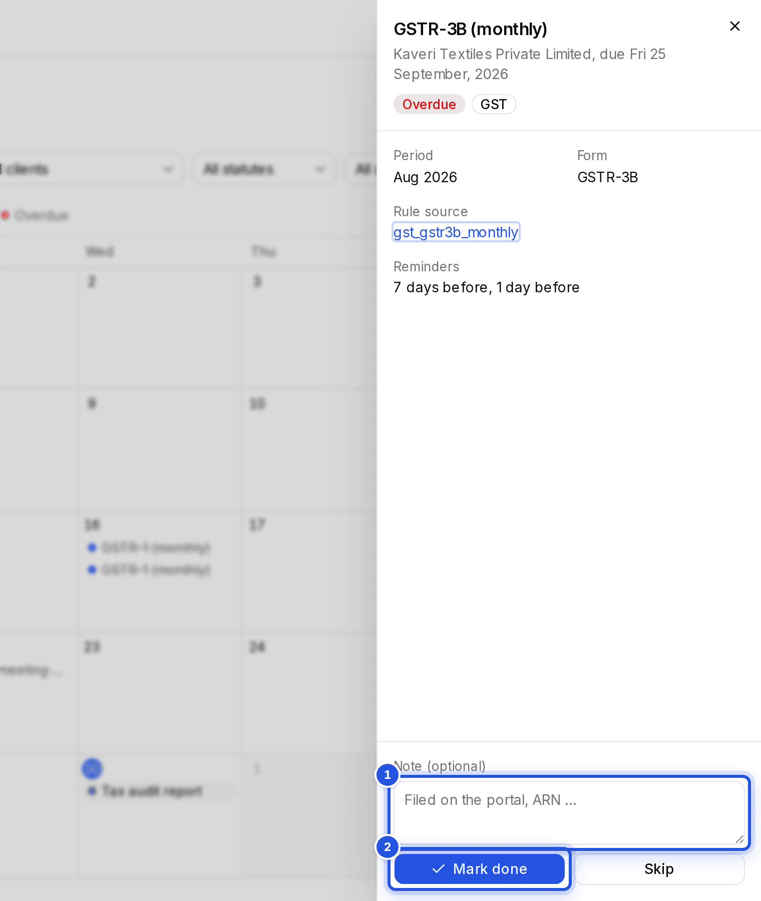 An open calendar event with two numbered marks: 1 the Note box and 2 the Mark done button.