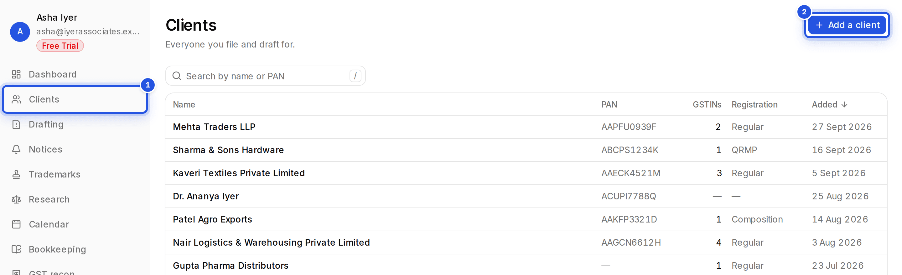 The Clients page with two numbered marks: 1 Clients in the sidebar and 2 the Add a client button.