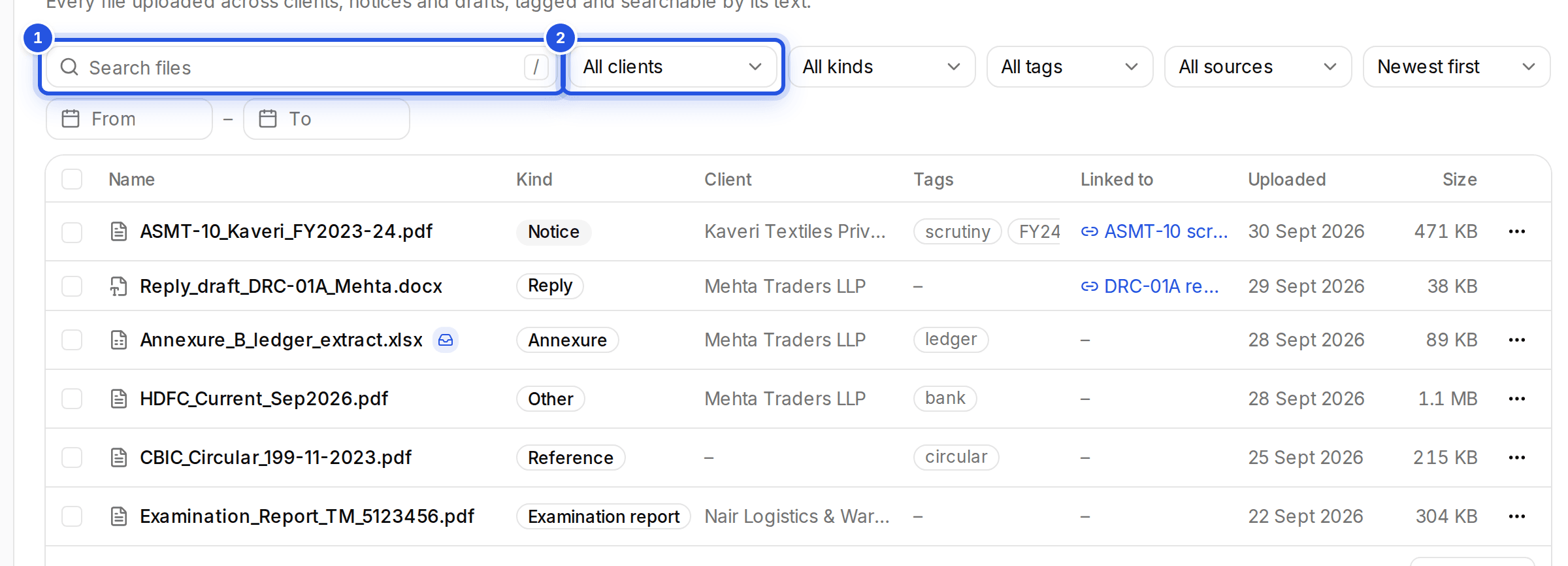 The Documents filters with two numbered marks: 1 the search box and 2 the All clients filter.