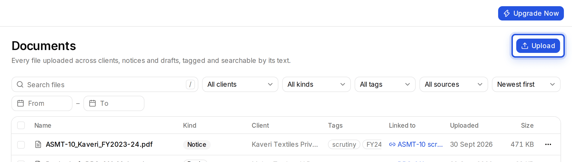 The Upload button at the top right of the Documents page, highlighted.