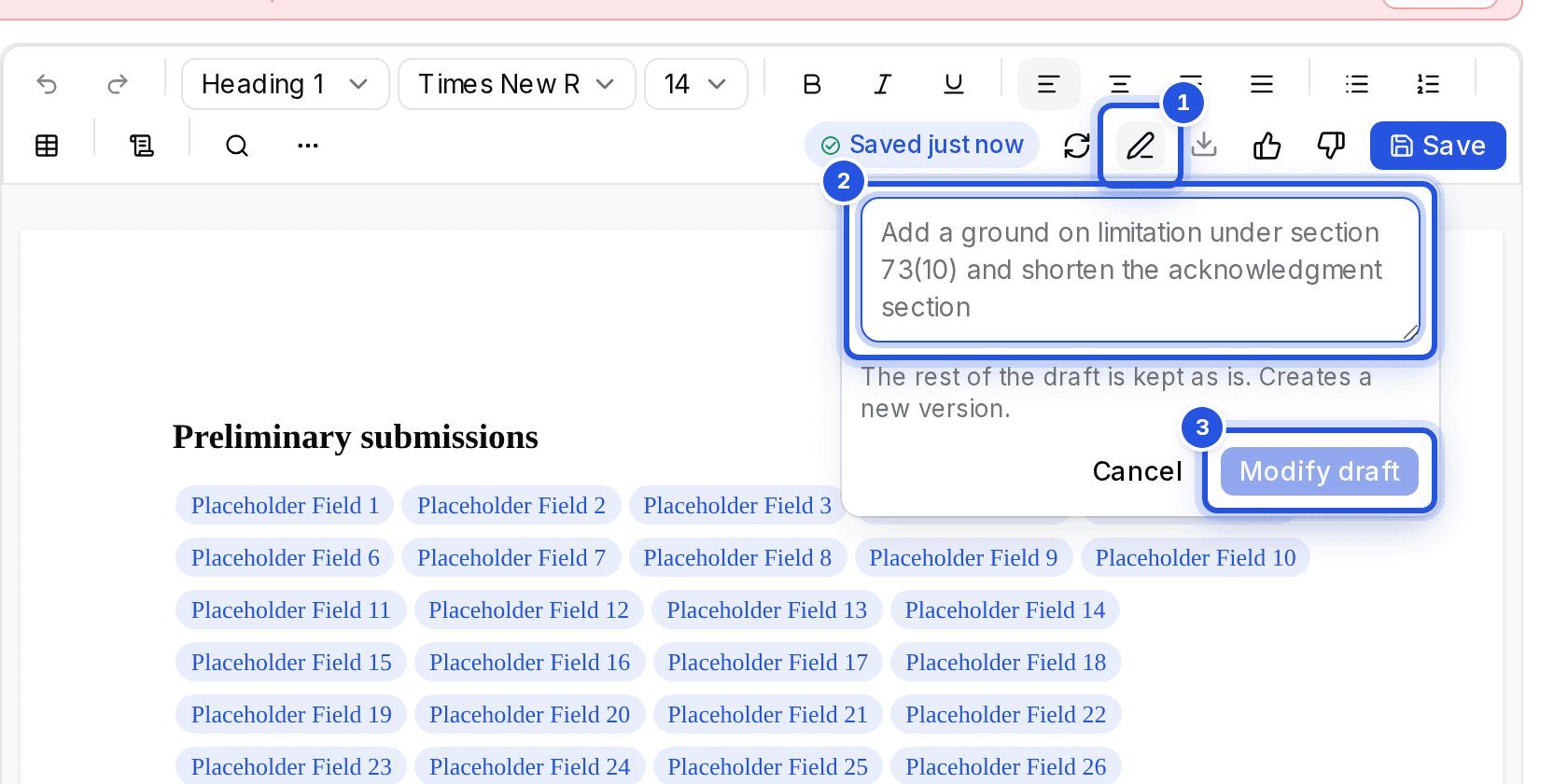 The editor toolbar with three numbered marks: 1 the Modify draft button, 2 the instruction box and 3 the Modify draft button.