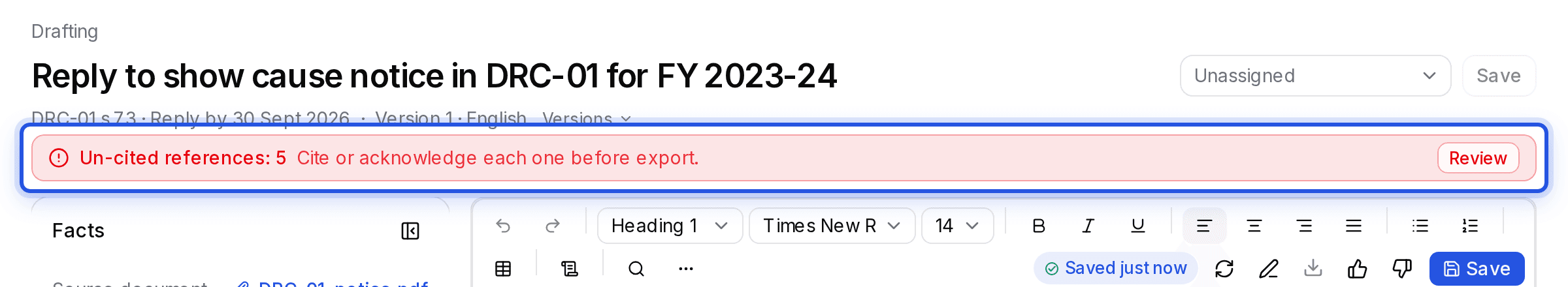 The red Un-cited references banner above the editor, with its Review button, highlighted.