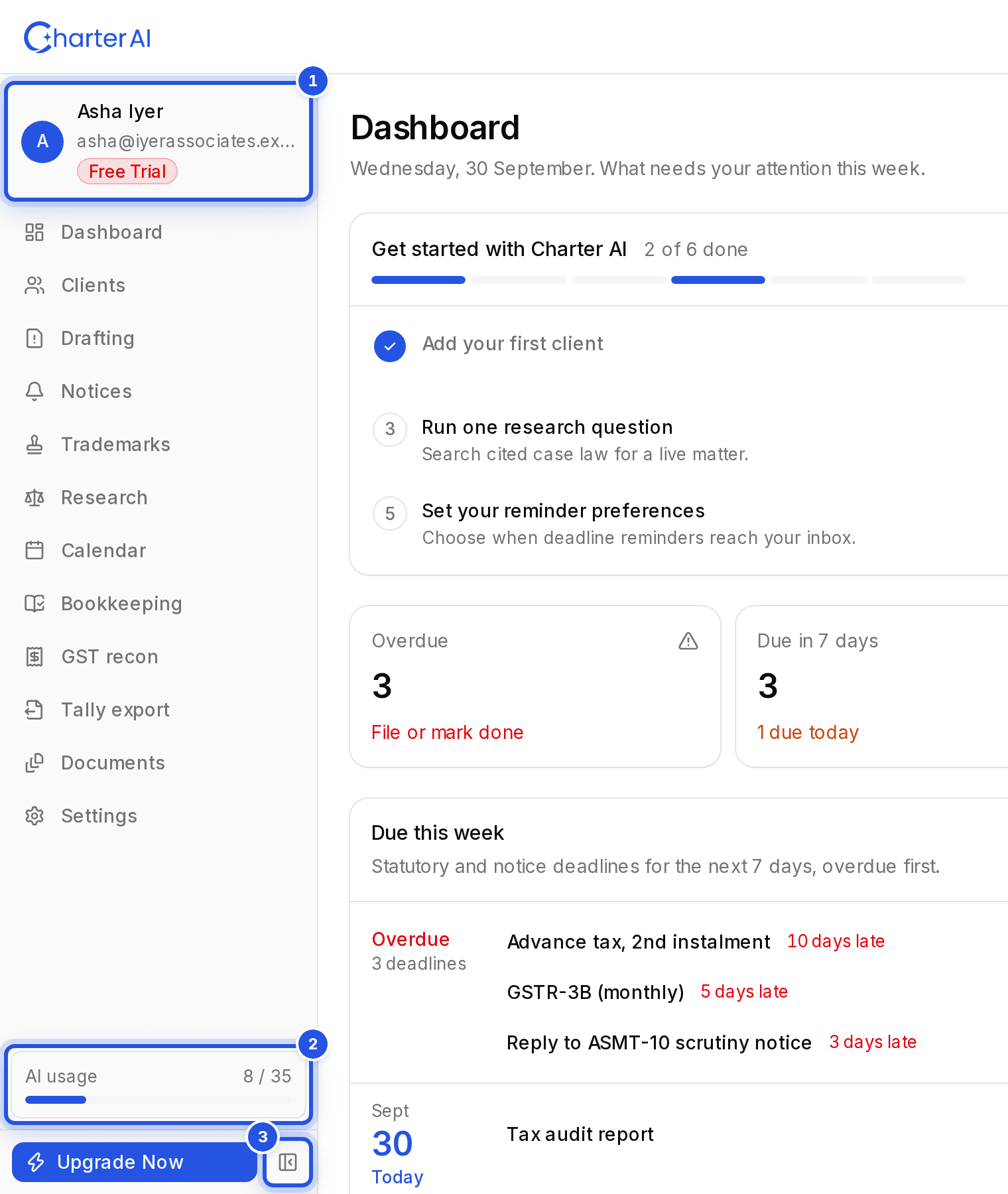 The sidebar with three numbered marks: 1 the account menu at the top, 2 the AI usage meter and 3 the Collapse sidebar button.