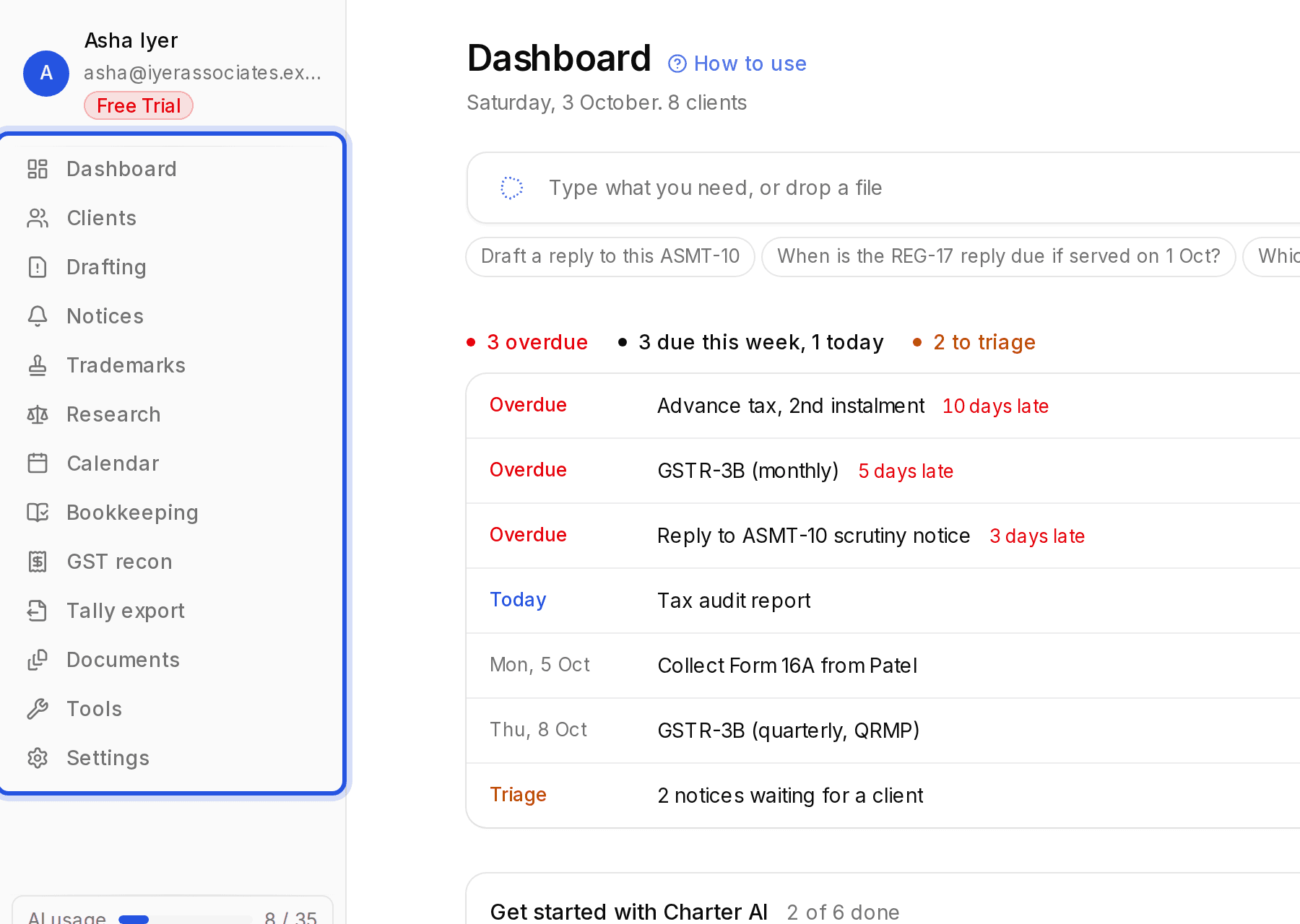 The sidebar, highlighted, listing Dashboard, Clients, Drafting, Notices, Trademarks, Research, Calendar, Bookkeeping, Reconciliation, Tally export, Documents, Tools and Settings.