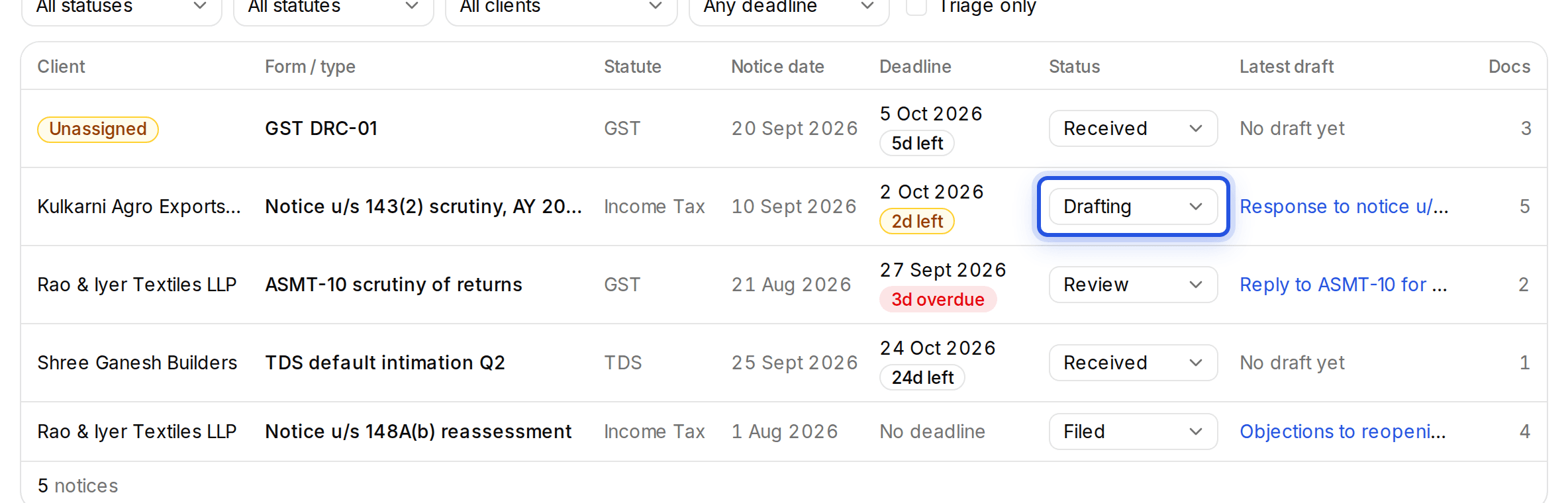 The Status menu on a notice row in the Notices list, highlighted.
