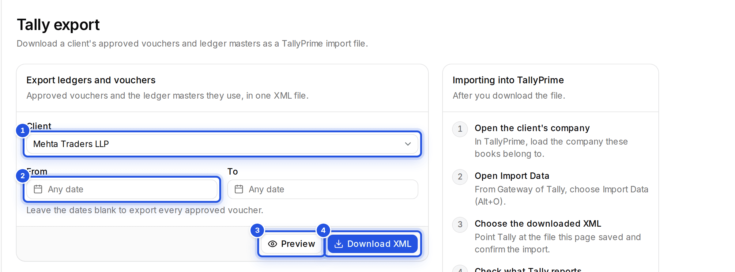 The Tally export form with four numbered marks: 1 the Client selector, 2 the From date, 3 Preview and 4 Download XML.