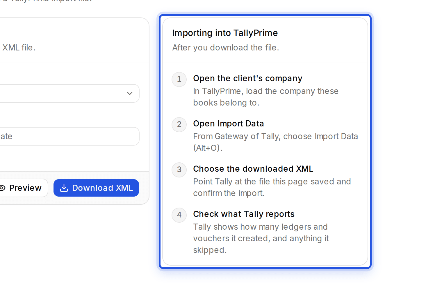The Importing into TallyPrime panel on the Tally export page, highlighted.