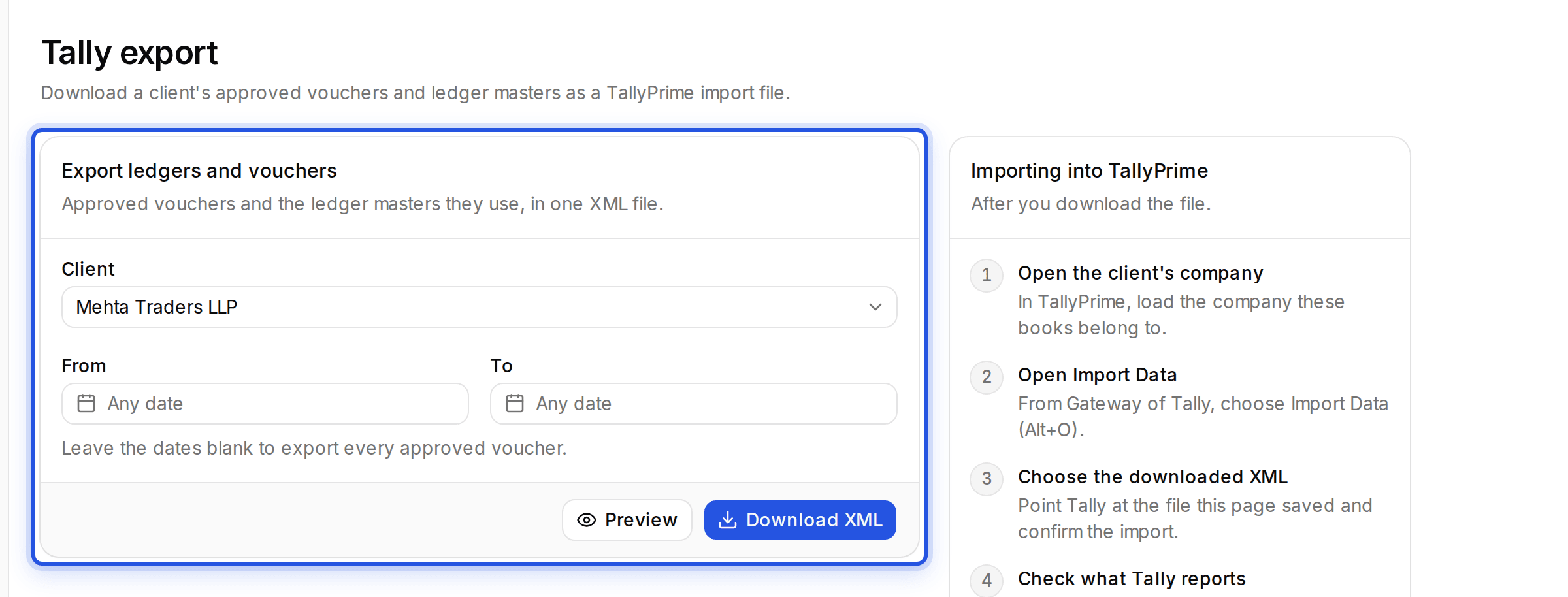 The Export ledgers and vouchers card on the Tally export page, highlighted.