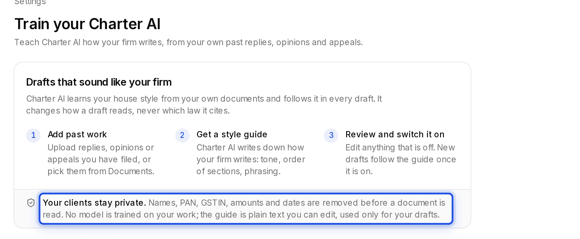 The note on Train your Charter AI that says your clients stay private, highlighted.