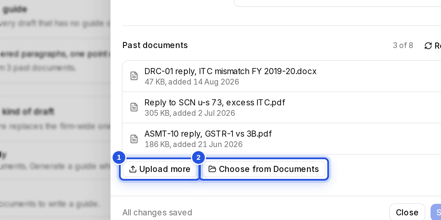 The Past documents list with two numbered marks: 1 Upload more and 2 Choose from Documents.