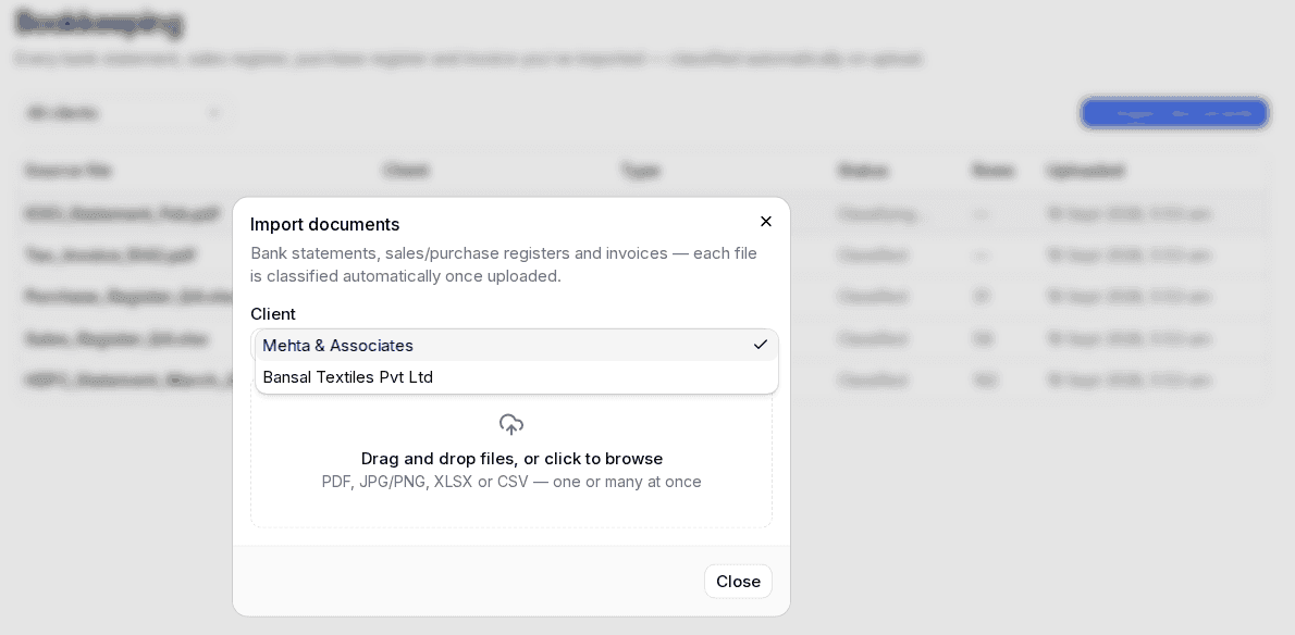 Charter AI's import dialog: a client picker and a drag-and-drop area accepting PDF, JPG, PNG, XLSX or CSV files