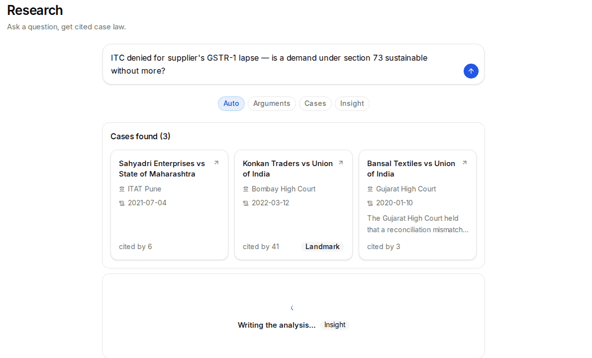 Charter AI's research screen: cases found for a GST section 73 query, ranked with a landmark judgment badge and citation counts
